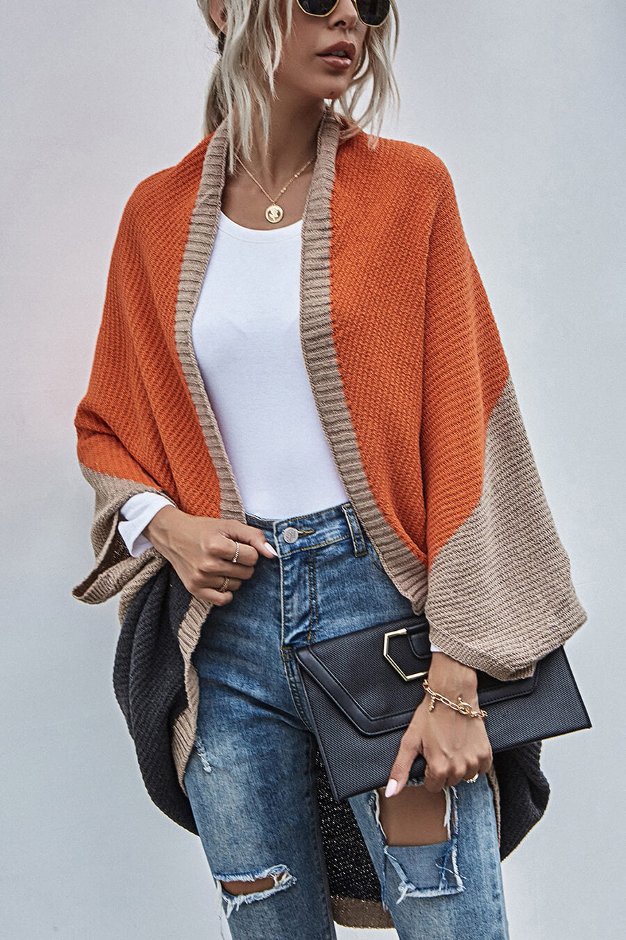 Cardigan Boho Manga Ampla Bloco de Cor - Mudeseulook